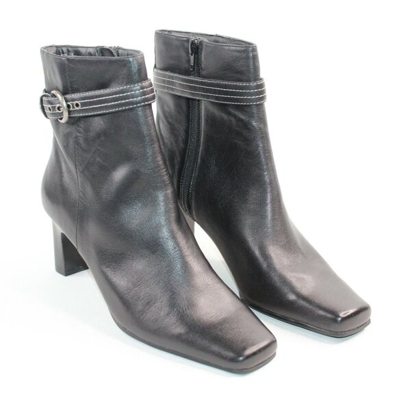 MARKON Womens Sz 9.5M Black Leather High Block Heel Fashion Ankle Boots Booties - Picture 3 of 12